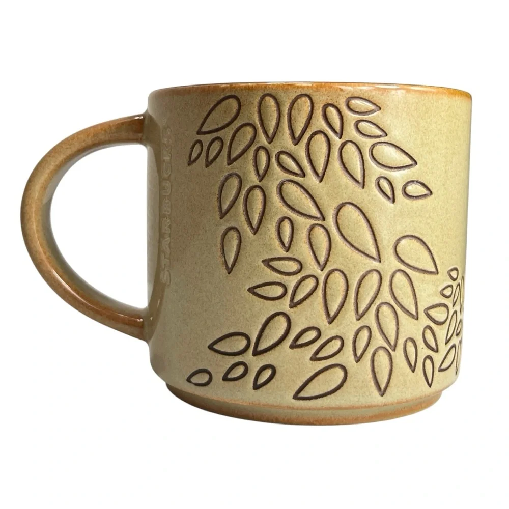 Starbucks Mug 14 oz Ceramic Leaf Pattern Tan‎ Brown Coffee Cup 2013 Fall Autumn